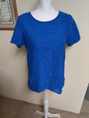 Marc New York Women's Blue Crochet Geometric Print Short-Sleeve Top Size Large